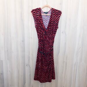 Lauren Ralph Lauren Wrap Dress L Red Black Chevron Belted Preppy Office Classic